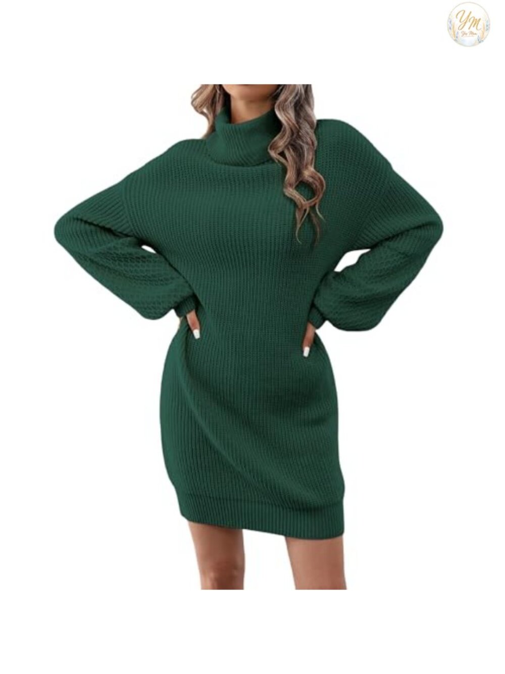 Turtleneck Lantern Sleeve Ribbed Knit Mini Sweater Dress Pullover